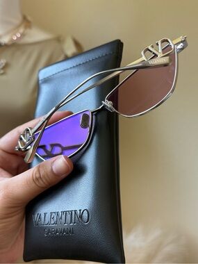 Valentino Silver Frame Sunglasses with Purple Mirrored Lenses